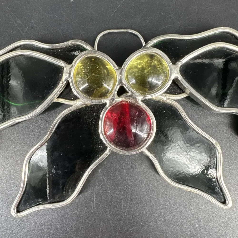 Stained Glass Holly and Berry Christmas Wreath Sun Catcher Holiday Window Decor